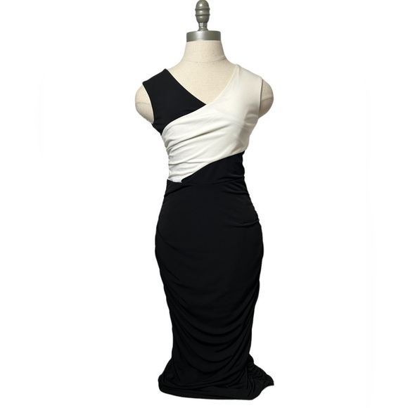 Rachel Roy Black and White ColorBlock Criss Cross Ruched Midi Dress - Picture 4 of 16